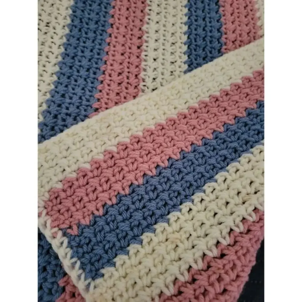 Handmade Large Crocheted Throw Blanket Pink Blue White Nice Quality 54 X‎ 47 in